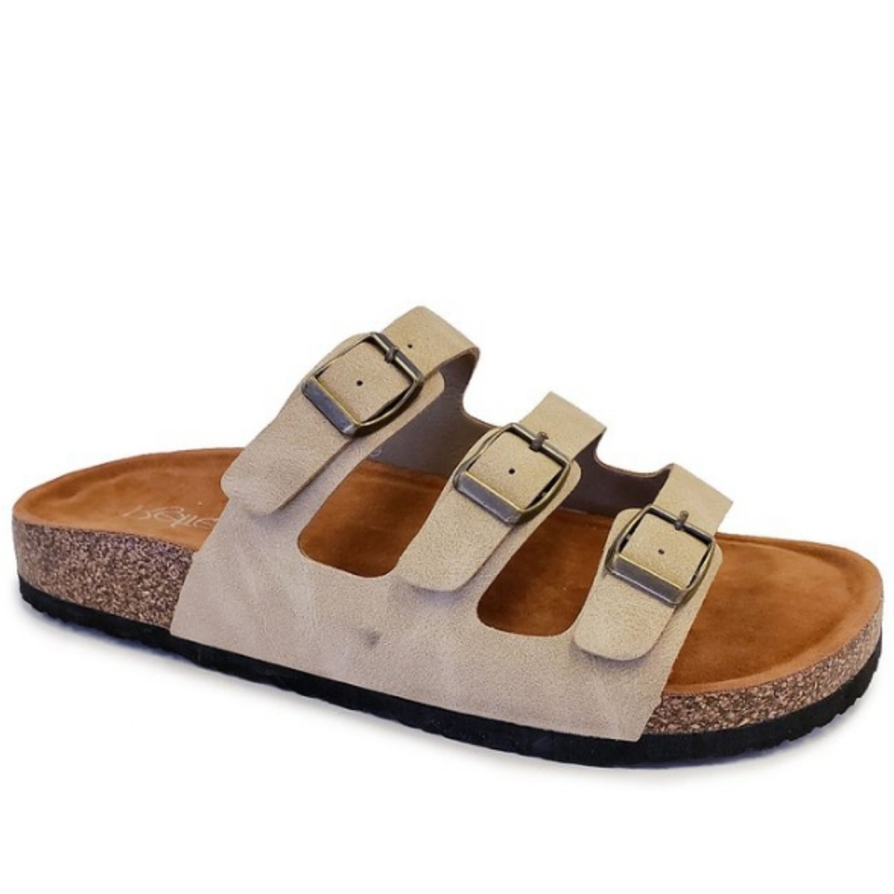 Taupe Tri Buckle Adjustable Strap Slider Sandal